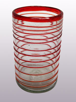 Vasos de Vidrio Soplado / Juego de 6 vasos grandes con espiral rojo rubí / Éstos elegantes vasos cubiertos con una espiral rojo rubí darán un toque artesanal a su mesa.